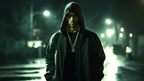 Hooded figure under sodium streetlights in nocturnal drizzle.