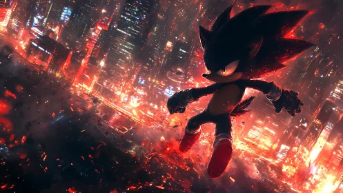 Shadowed speedster ignites a neon city in blazing revolt.