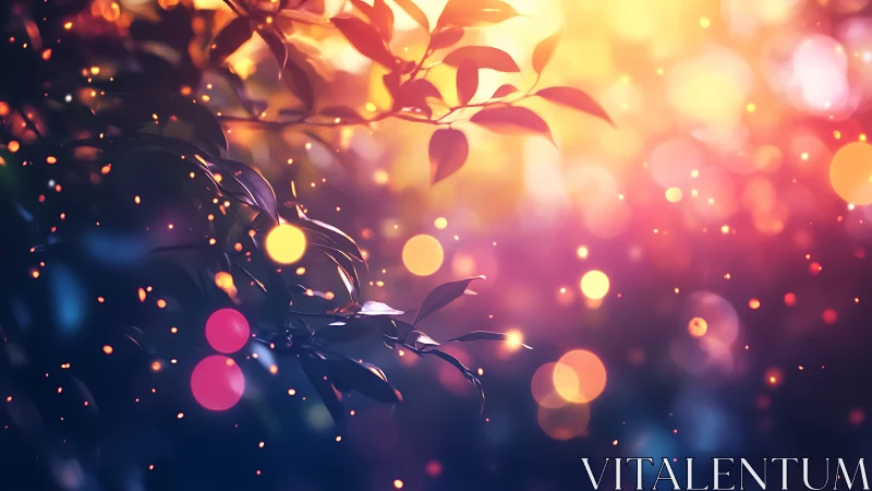 Backlit foliage with multicolored bokeh and soft light glow.