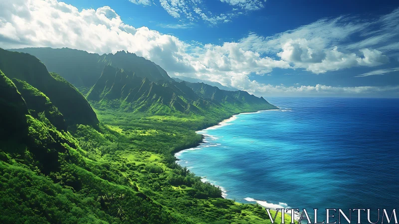 Kauai Coastal Valley with Pali Cliffs and Ocean.