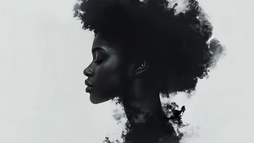 Profile portrait merges with drifting black ink clouds