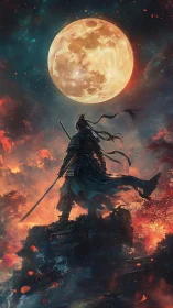 Lone samurai silhouette under colossal blood moon sky.