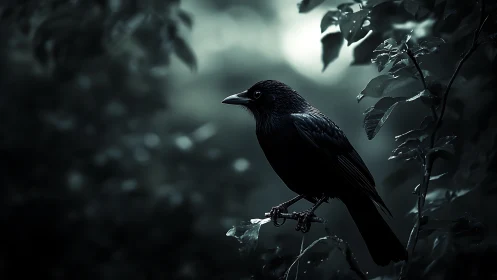 Dark Raven Perched Among Misty Forest Foliage.