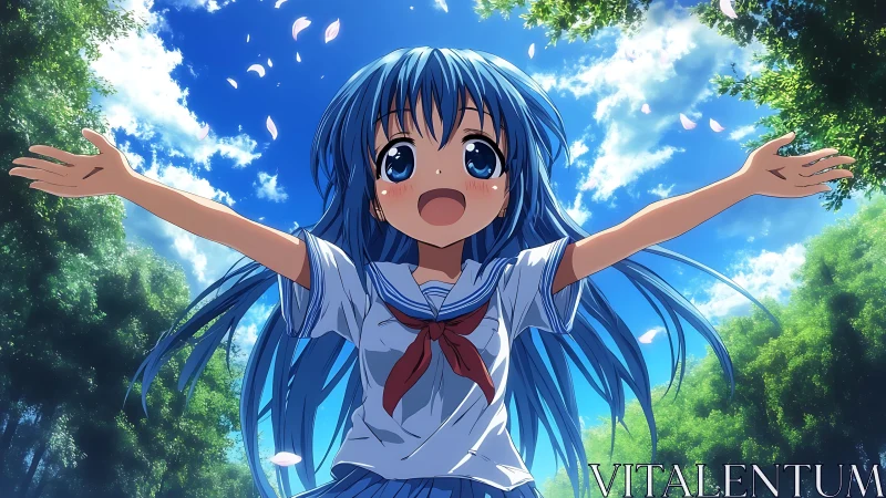Blue haired anime girl welcoming sky under spring trees.