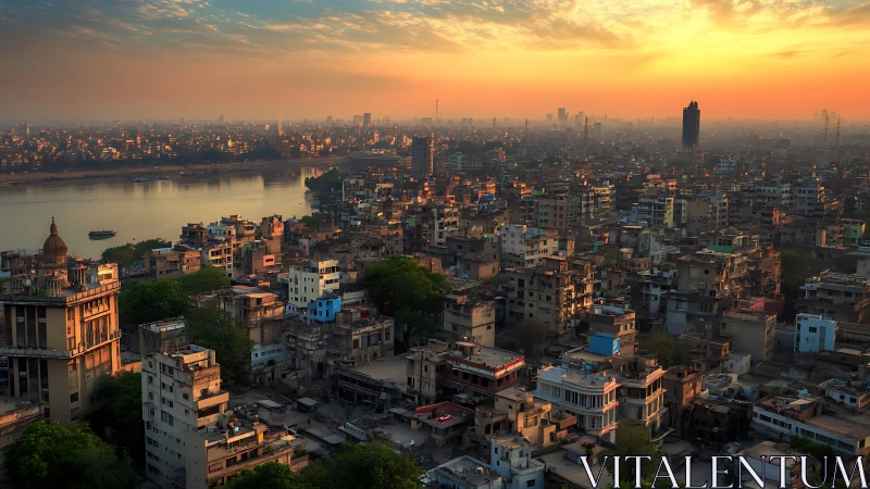 Dense urban riverfront skyline under layered sunset light.