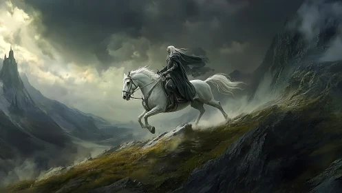 Lone rider on a stormlit white horse crossing wild peaks.
