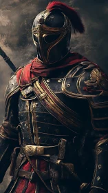 Armored centurion portrait with gilded plate harness details.