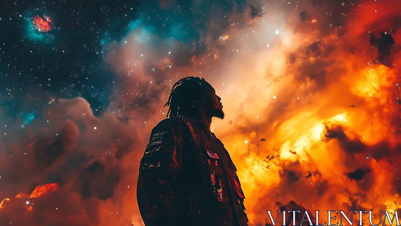 Silhouetted figure against dense orange and blue nebula sky.