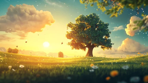 Solitary oak under golden sunset in dreamy meadowscape.