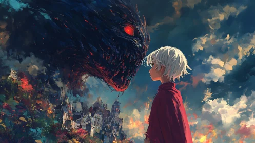 White haired figure facing dark colossal entity over city.