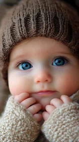 Toddler in Beige Knit: Cozy Winter Portrait with Piercing Blue Eyes