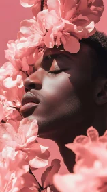 Portrait of serene person framed by bright pink flowers.