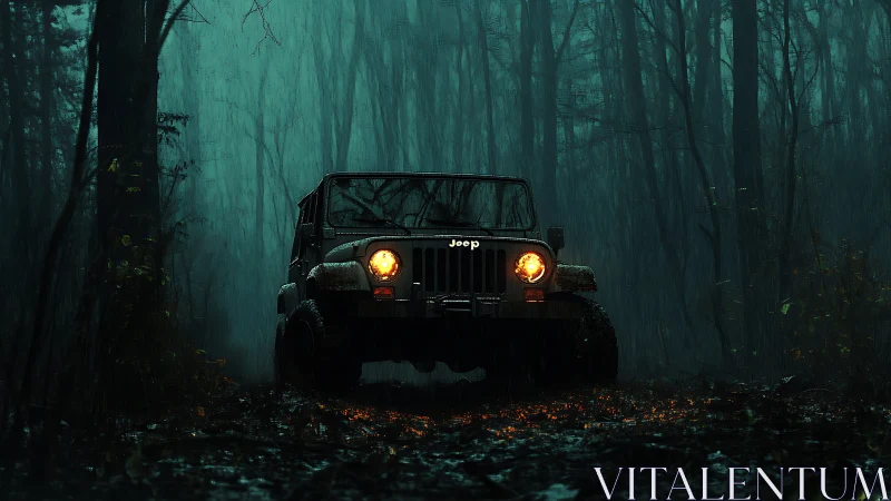Off-road Jeep with headlights on in dark rainy forest.
