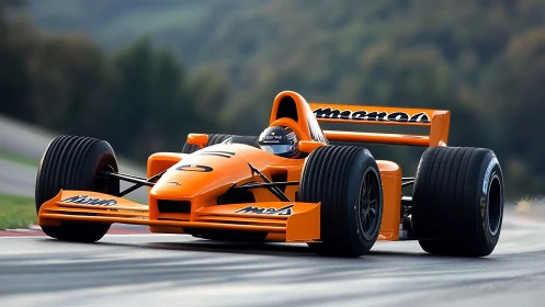 Orange open-wheel race car on asphalt circuit corner.