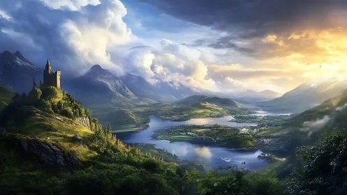 Castle above river valley with distant mountains and clouds.