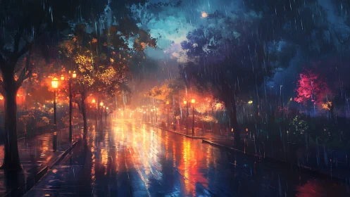 Rainy city street reflects colorful park lights at night
