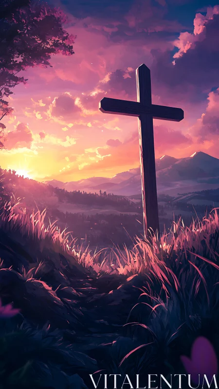 Sunset cross rises gently above glowing hillside path