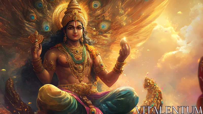 Radiant celestial deity sits enthroned in golden clouds