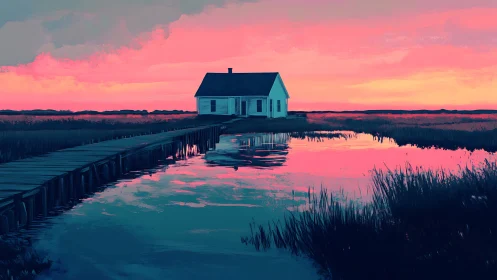 Isolated marsh cottage with boardwalk at saturated sunset