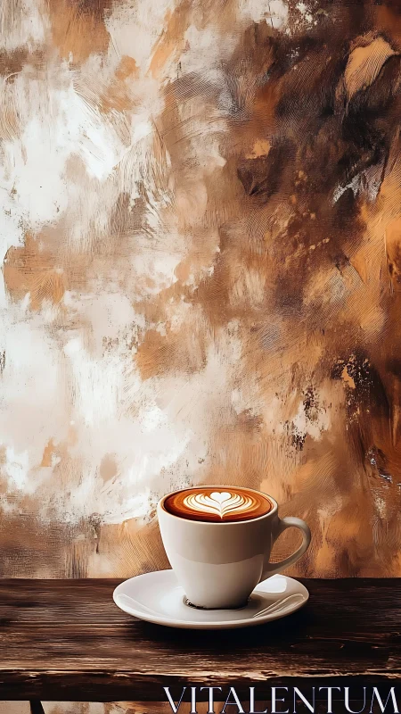 White cup of latte art coffee sits on wooden table surface