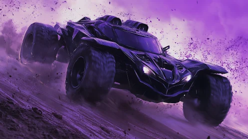 Armored off-road combat vehicle drifts through neon dust