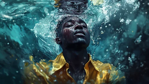 Photorealistic submerged portrait with dramatic water refraction.