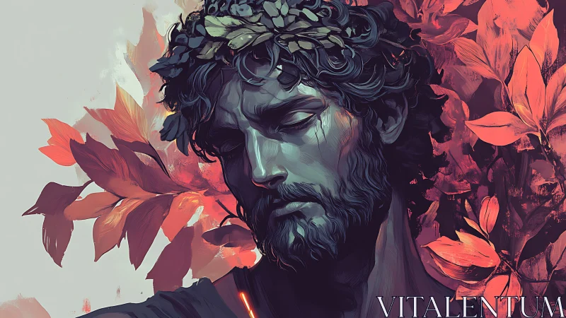 Male portrait with laurel wreath and red foliage background.