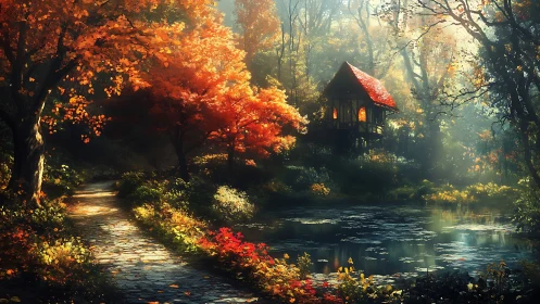 Enchanted red-roof cottage by a glowing autumn forest pond.