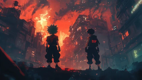 Cyberpunk inferno cityscape with silhouetted dual protagonists.