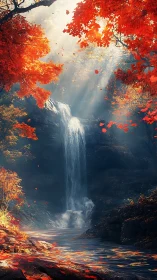 Autumn waterfall descends through glowing forest ravine