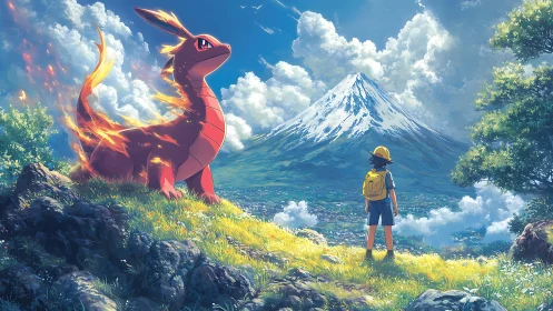 Young traveler and fire dragon sharing a quiet mountain view.