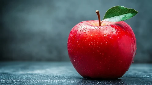 Glossy red apple resting quietly on a dewy tabletop.