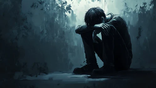 Solitary figure curls into shadow, embodying quiet despair