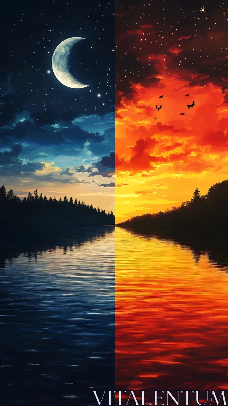 Day and night river horizon in glowing, dreamlike balance.
