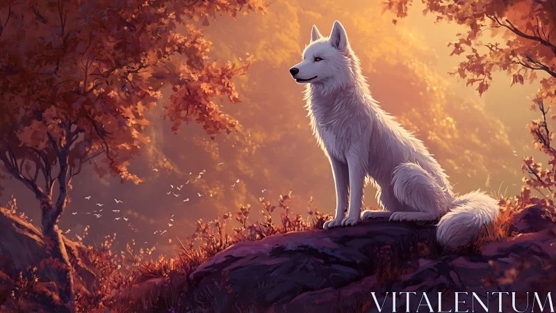 Gentle white wolf resting in warm golden autumn light.