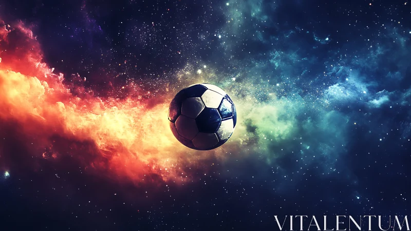 Cosmic soccer ball drifts through a glowing rainbow galaxy