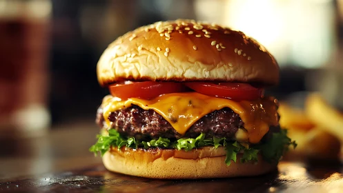Juicy cheeseburger sits on wooden surface under warm light