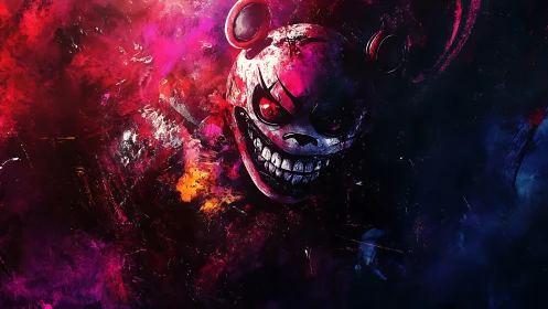 Sinister grinning bear mask emerges from chaotic neon void