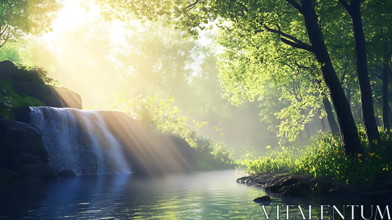 Digital painting of sunlit woodland waterfall and streamscape.