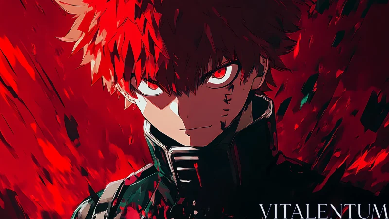 Intense red-haired anime fighter in dark battle stance.