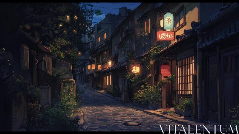 Lantern-lit alleyway in quiet traditional Japanese district.