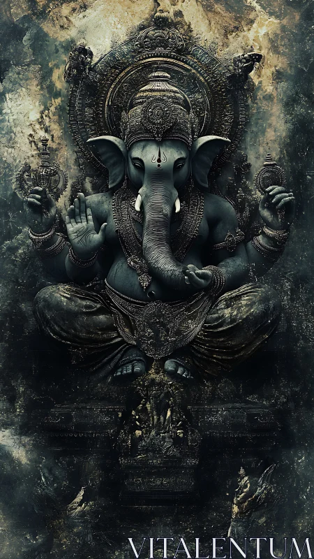Digital Ganesha deity in ornate dark celestial shrine.