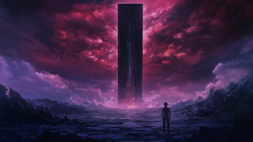 Colossal monolith under stormlit magenta alien sky.