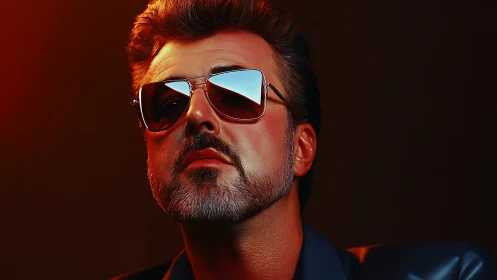 Retro-lit portrait of confident man in mirrored aviators.