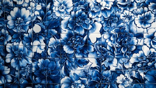 Blue and white floral ceramic tile wall pattern design.