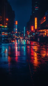 Cyberpunk rain-soaked street with neon reflection symmetry.