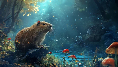Capybara resting beside glowing forest stream at dusk.