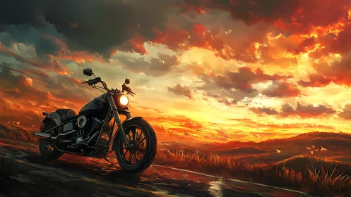 Low-angle cruiser motorcycle rendered against high-saturation sunset sky