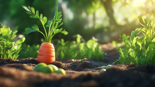 Carrot plant emerges from soil in brightly lit garden