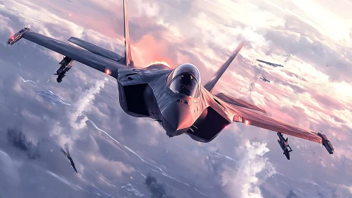 Futuristic stealth jet fighter in high altitude combat